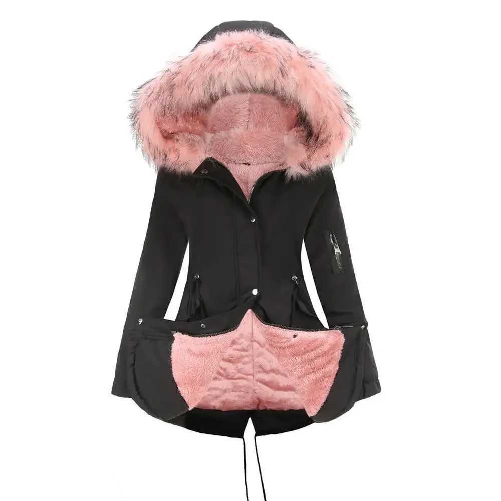 S-5XL Zimowy ciepły długi płaszcz Parker Slim Plush Padded Jacket Women Thicken Lining Velvet Cotton Out Coat With Fur Hooded