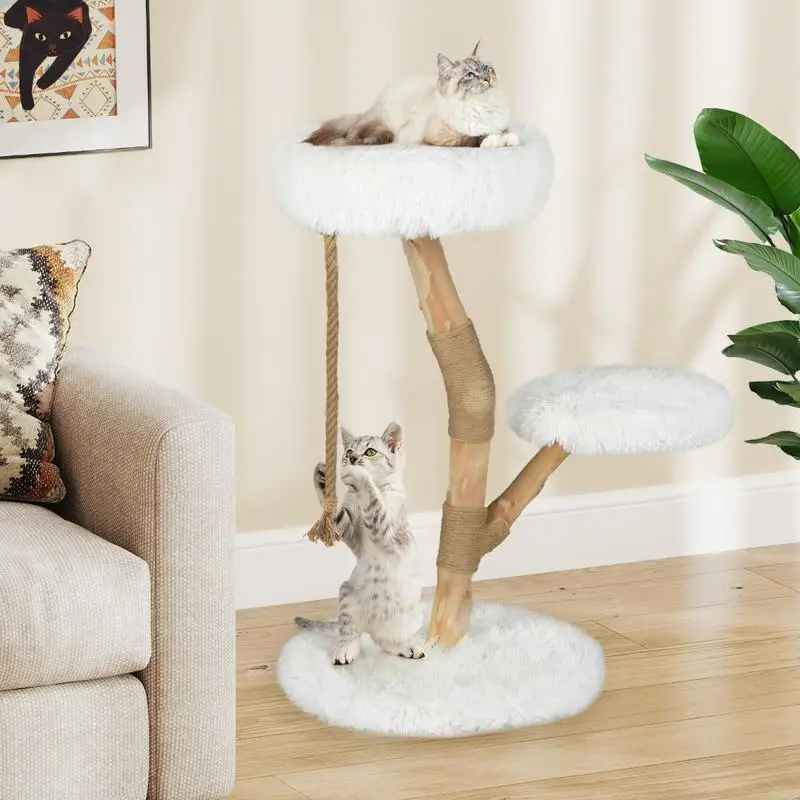 Arbre à chat en bois massif + poteaux à gratter + corde en jute, blanc, haute qualité, facile à nettoyer, centre d'activités pour chat