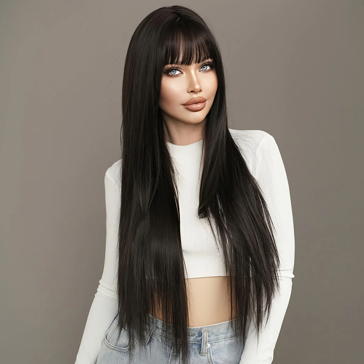 Long straight black wig with bangs, high layering, 150% density for women, synthetic fiber, heat-resistant, 34 inches