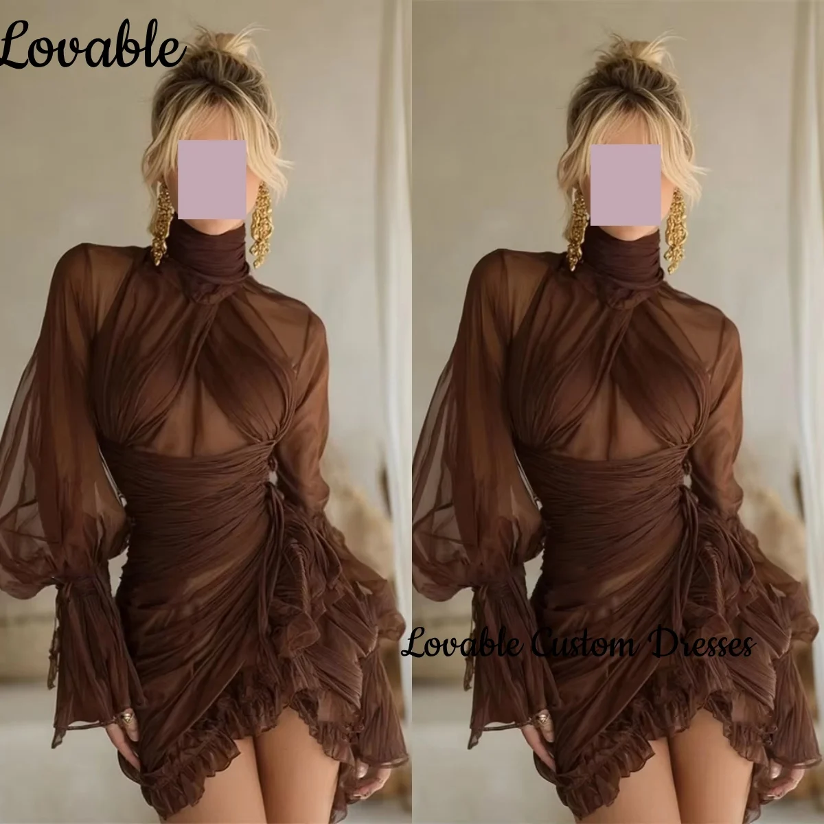 

Elegant Evening Dress Customize A-Line Hig Scoop Neckline Mini Wedding Party Dress Ruffle Zipper Up Long Sleeves Birthday Dresse