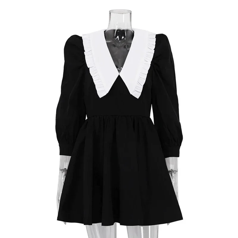 New Spring Black White Contrasting Short Dresses Women Peter Pan Collal Mini Dress Autumn Female High Waist Folded A Line Dress