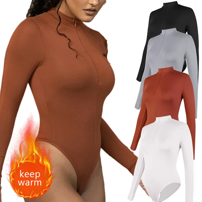 Women Thermal Underwear Mock Neck Bodysuit Long Sleeve Shapewear Sexy Deep V Body Shaper Slimming Zipper Jumpsuit Warmth Basic