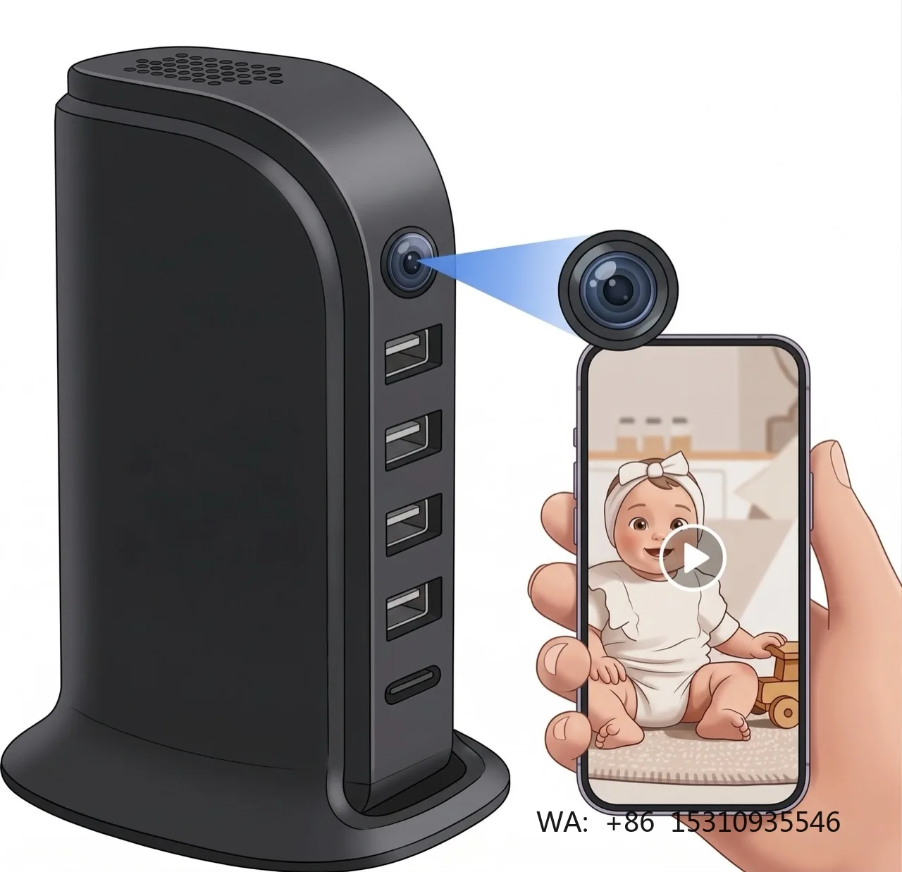Compact Wi-Fi Security Camera for Home Office 5-Port Charging Station Continuous Loop Recording