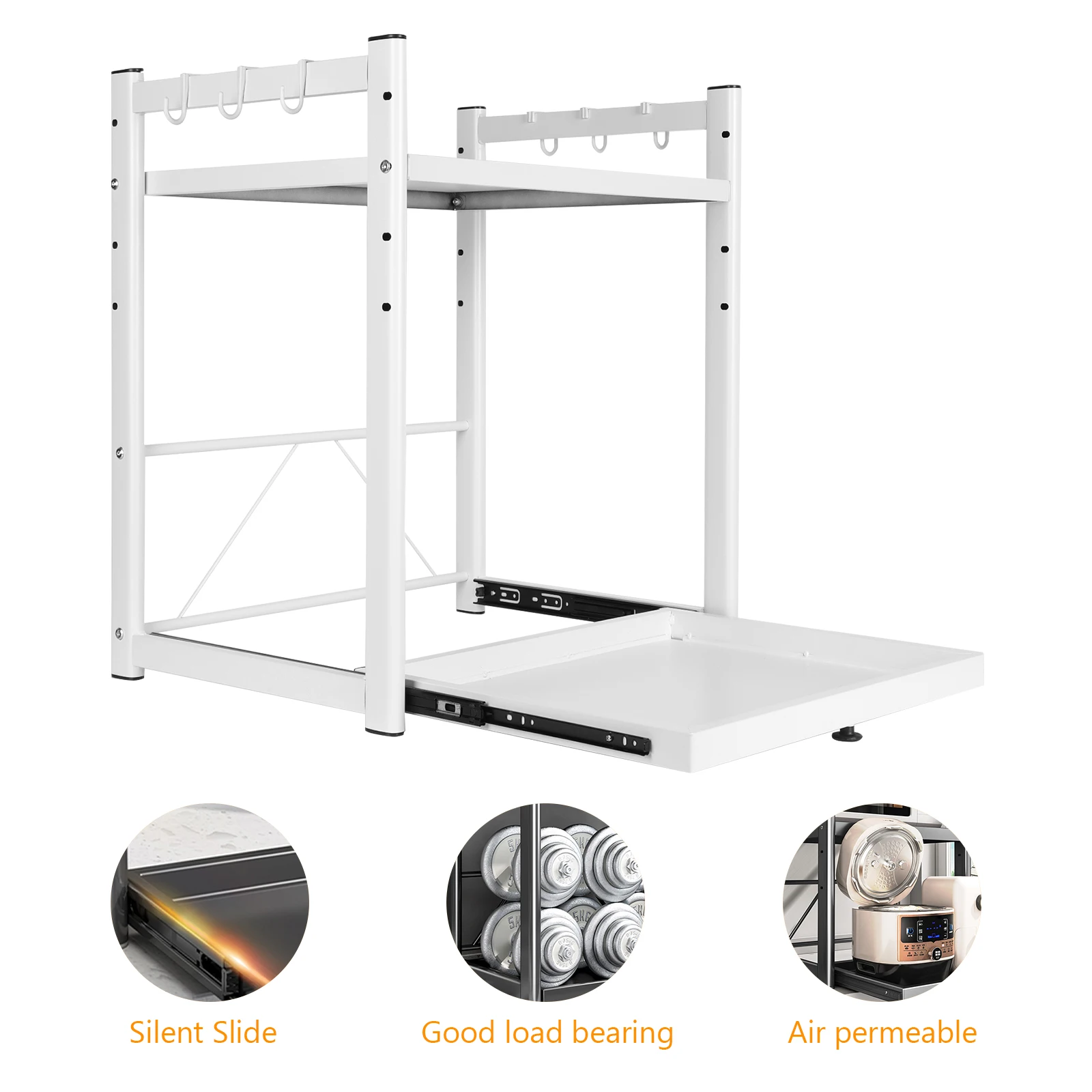 Expandable Microwave Rack with Hooks Microwave Storage Stand Non Slip Over Microwave Shelf Carbon Steel for Kitchen