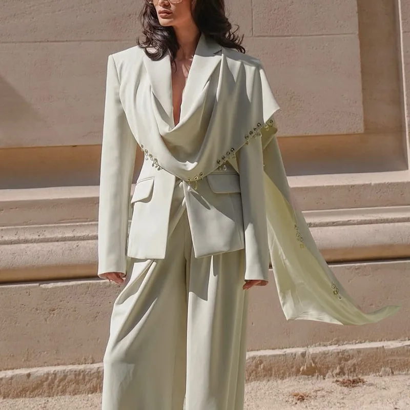 2026 Spring Fashion Cross Border European American Style Metal Ring Splicing Design Sense Long Sleeve Shawl Suit Coat for Women
