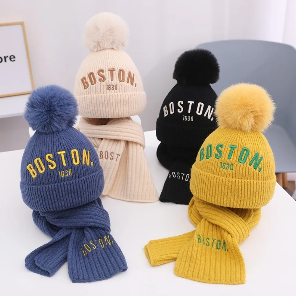 

New BOSTON Embroidery Scarf Hat Set Windproof Coldproof Neck Warmer Warm Beanie Hat Autumn and Winter