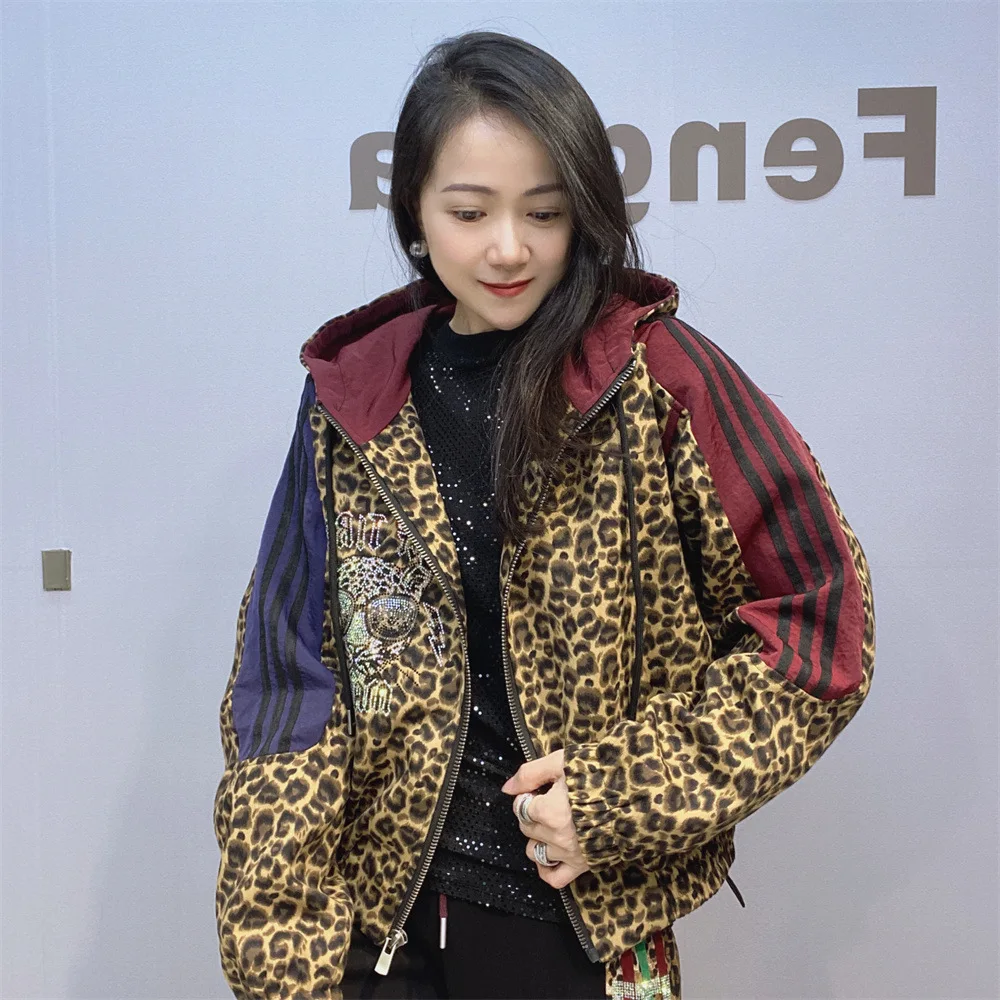 Women Leopard Printed Women Jackets Casual Loose Cartoon Pattern Diamonds Zipper Hooded Cardigan Waistcoat