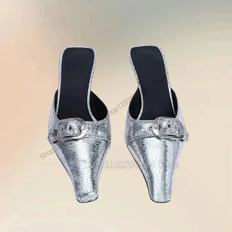 

Silver Fish Scale Print Buckle Decor Pointed Toe Slippers Slip On Women Shoes Thin High Heels Banquet 2025 Zapatos Para Mujere