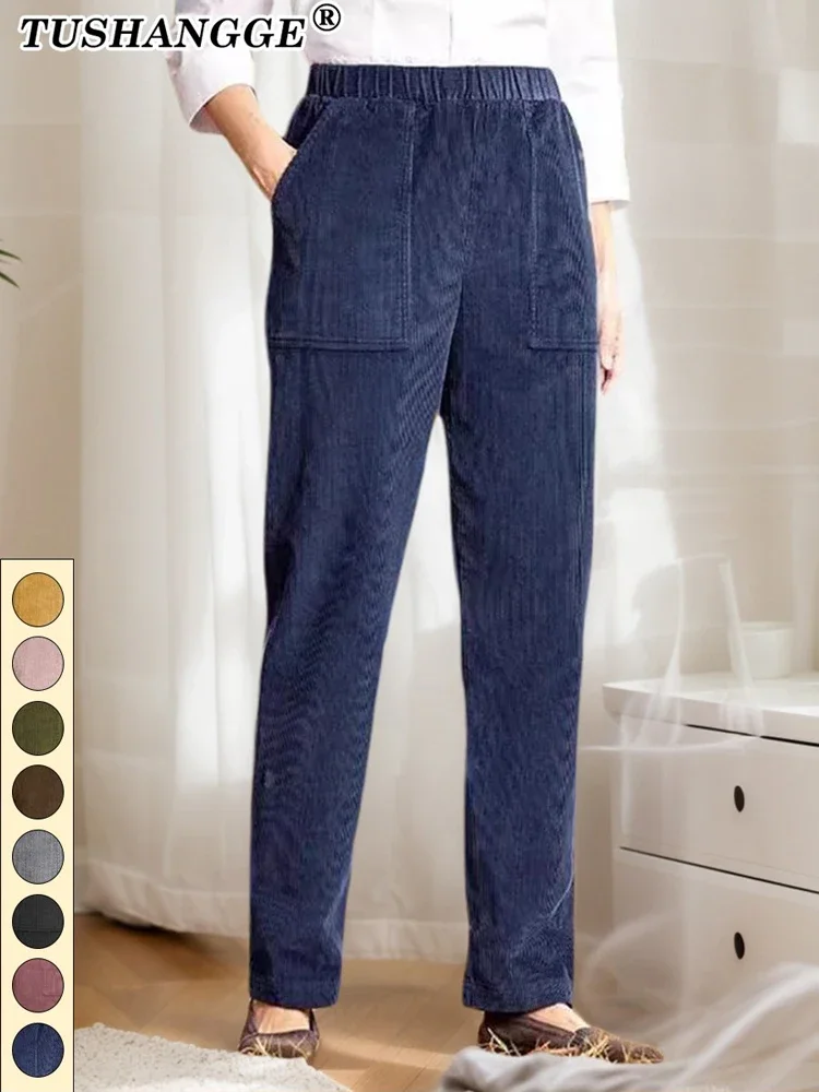 Casual Solid Color Elastic Waist Women Pencil Pants Classic Versatile Corduroy Straight Trousers Autumn Winter Big Pockets Pant