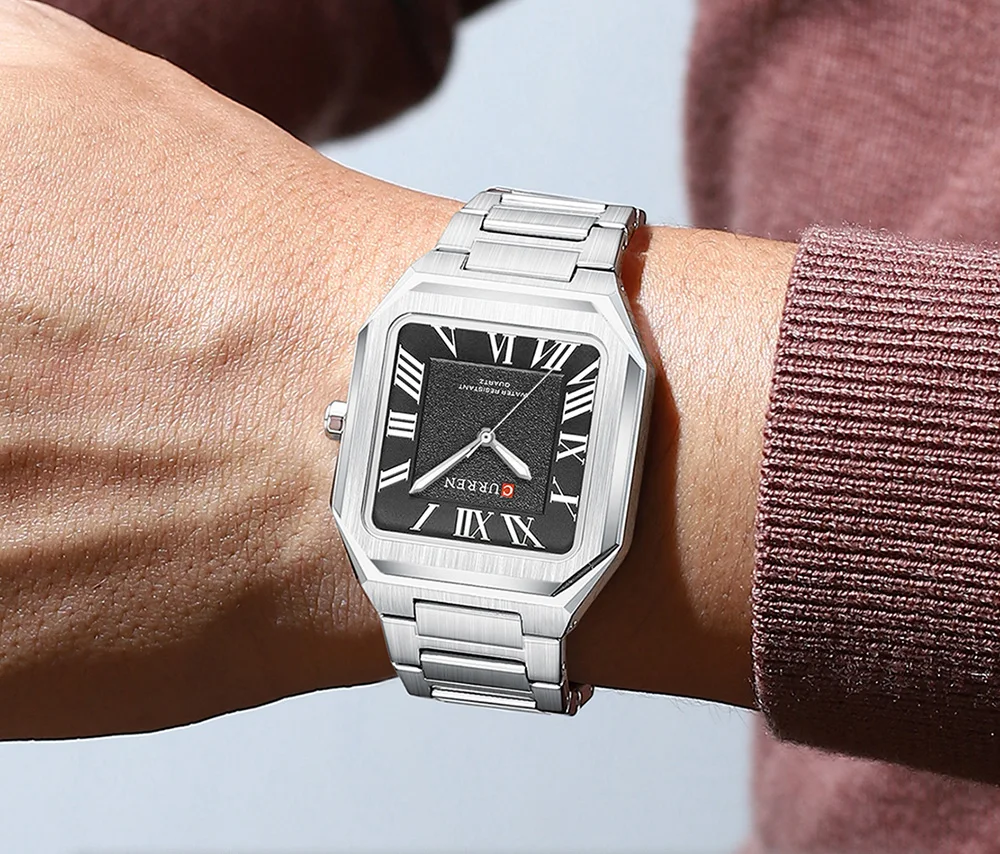 CURREN Minimalistische Eleganz Herren-Quarzuhr Quadratisches Zifferblatt mit Leuchtzeigern Edelstahlarmband Moderne Klassische Armbanduhr – Detail 10