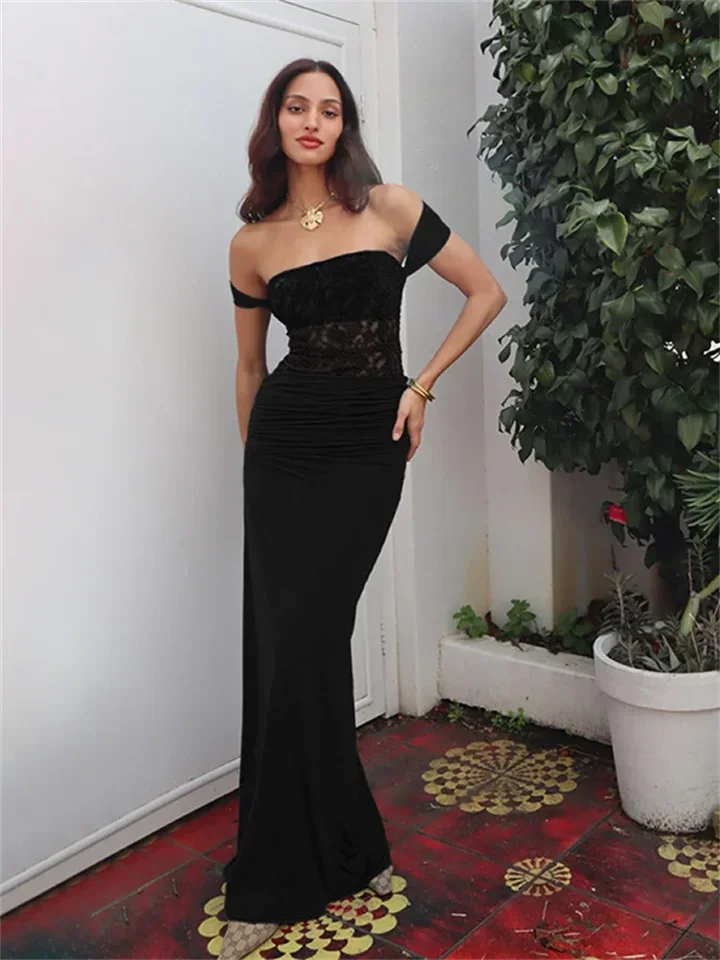 Mode Kant Halter Vrouwen Maxi Jurken Sexy Patchwork Ruches Mouwloos Schede Gewaad Mujer Elegante Avondfeest Vestidos