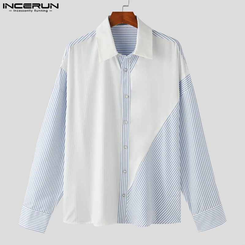 INCERUN Tops  2024 Korean Style New Men\'s Irregular Striped Design Blouse Casual Simple All-match Long Sleeved Lapel Shirt S-5XL