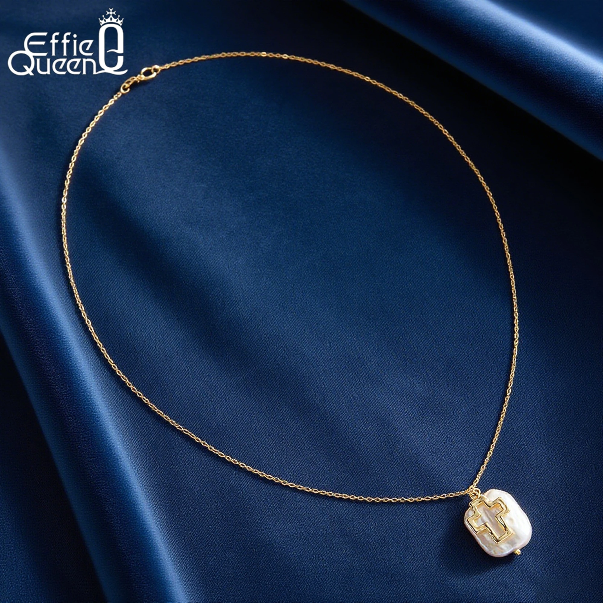 

EFFIE QUEEN Модное ожерелье 2025 года, очаровательное золото 14 карат, стерлинговое серебро 925 пробы, подвеска с пресноводным жемчугом, крестообразная цепочка на шею GPN79