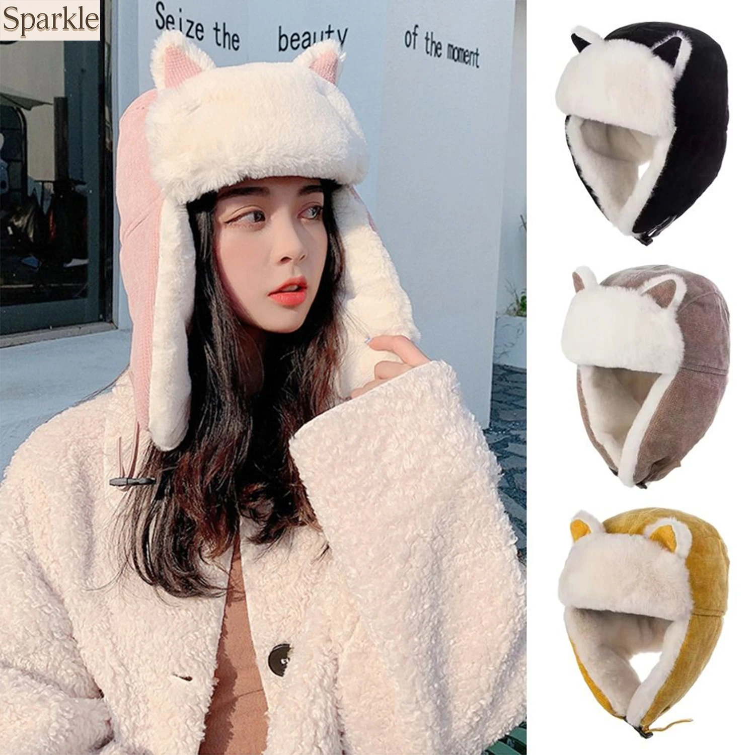 

Warm Winter Bomber Hat with Cat Ears Thicken Flapped Earmuffs Outdoor Fleece Cycling Riding Cap for Snow Skiing Cold Proof
