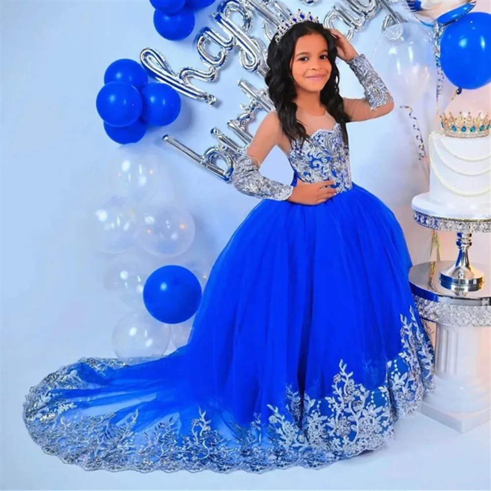 

Luxury Flower Girl Wedding Dress Full Sleeve Appliques Sweep Train Princess Formal Party Birthday Dress First Communion Gown