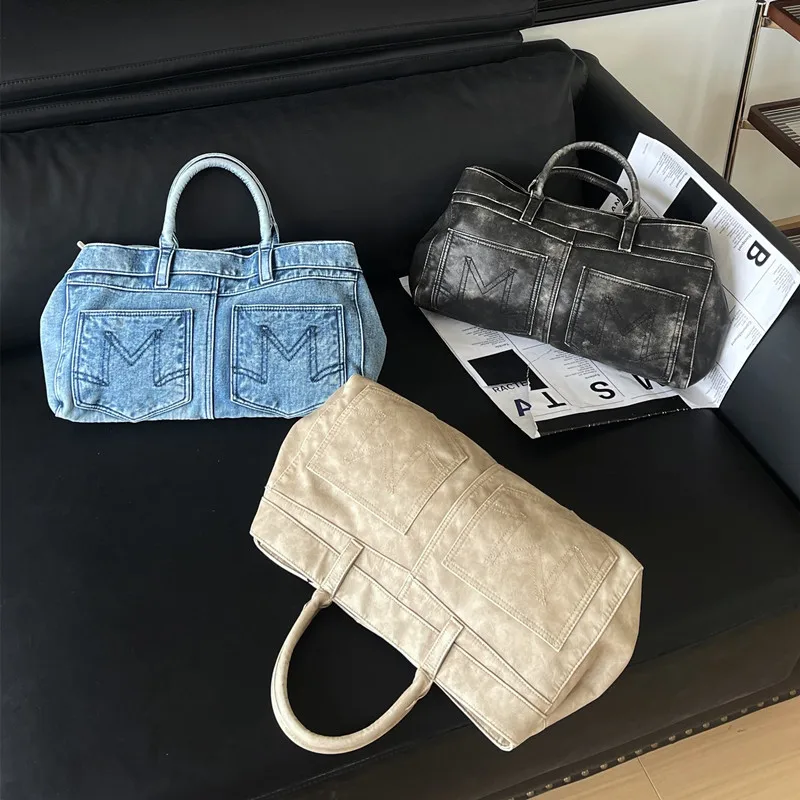 Vintage Denim Tote Bags For Women Luxury Designer Handbag Purses 2024 New In Large Capacity Simple Commuting Shoulder Crossbody