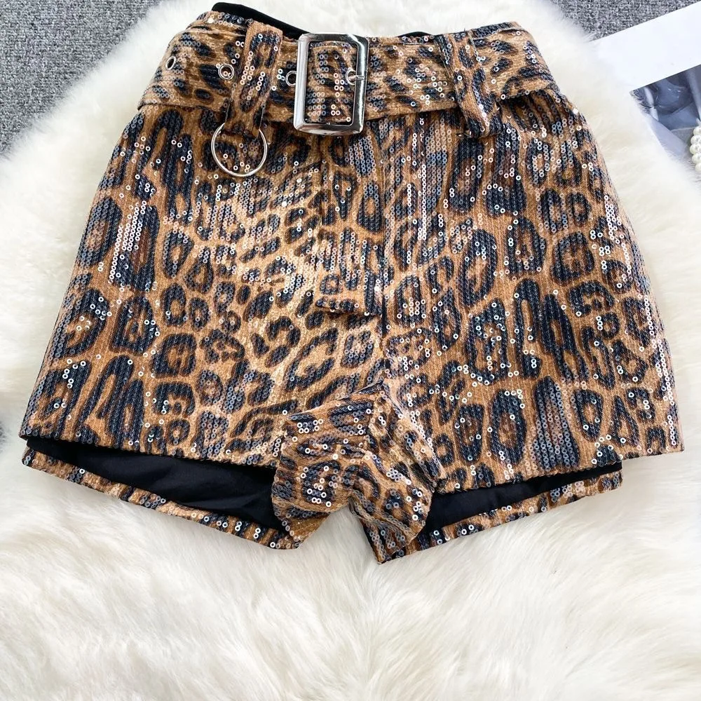 baby girls sequins shorts autumn leopard print Korean high waist wide-leg belted short pants capris kids clothes 3 to 16 years