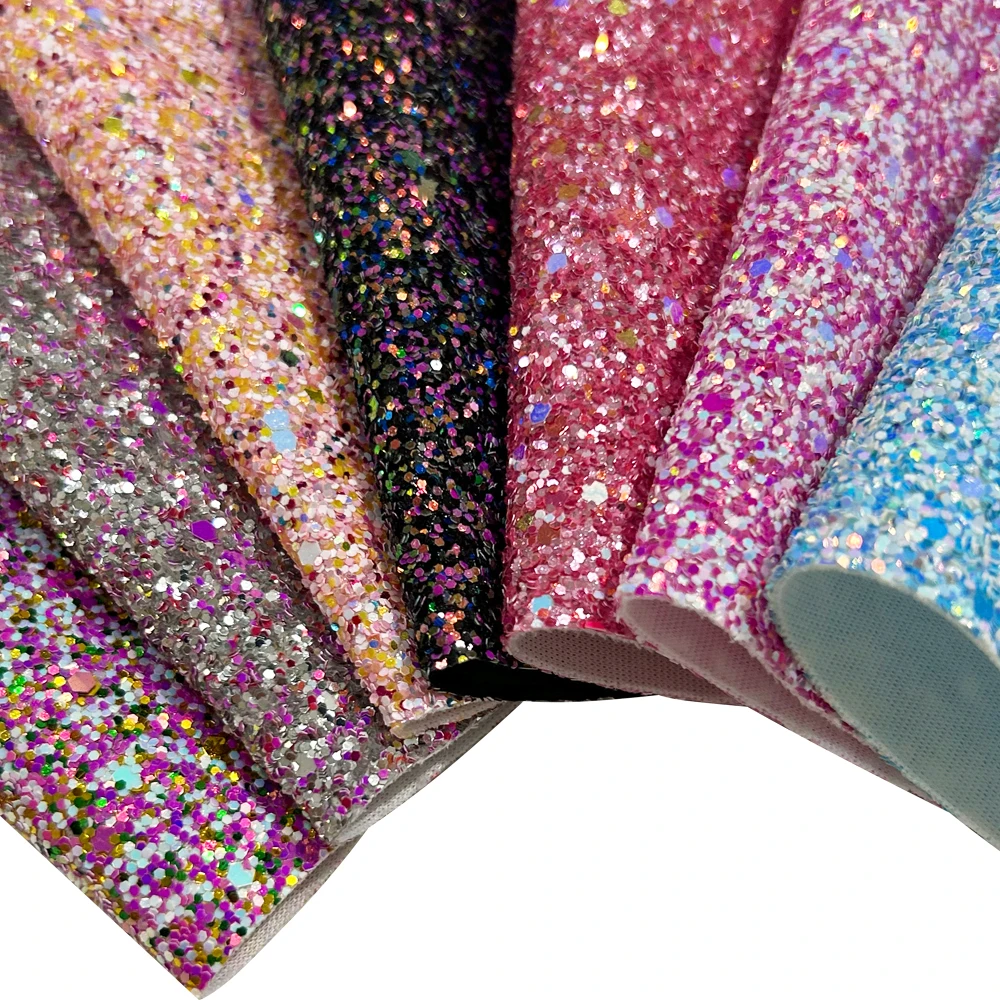 QIBU 22x30cm Colorful Chunky Glitter Fabric Shiny Sequin Faux Leather sheets for Crafts Decor DIY Hairbow Wall Paper Accessories