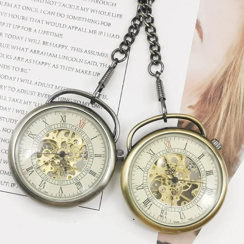 Top Brand Luxury Vintage Watch Necklace Skeleton Dial Mechanical Fob Pocket Watch Clock Pendant Men Women Chain Best Gift