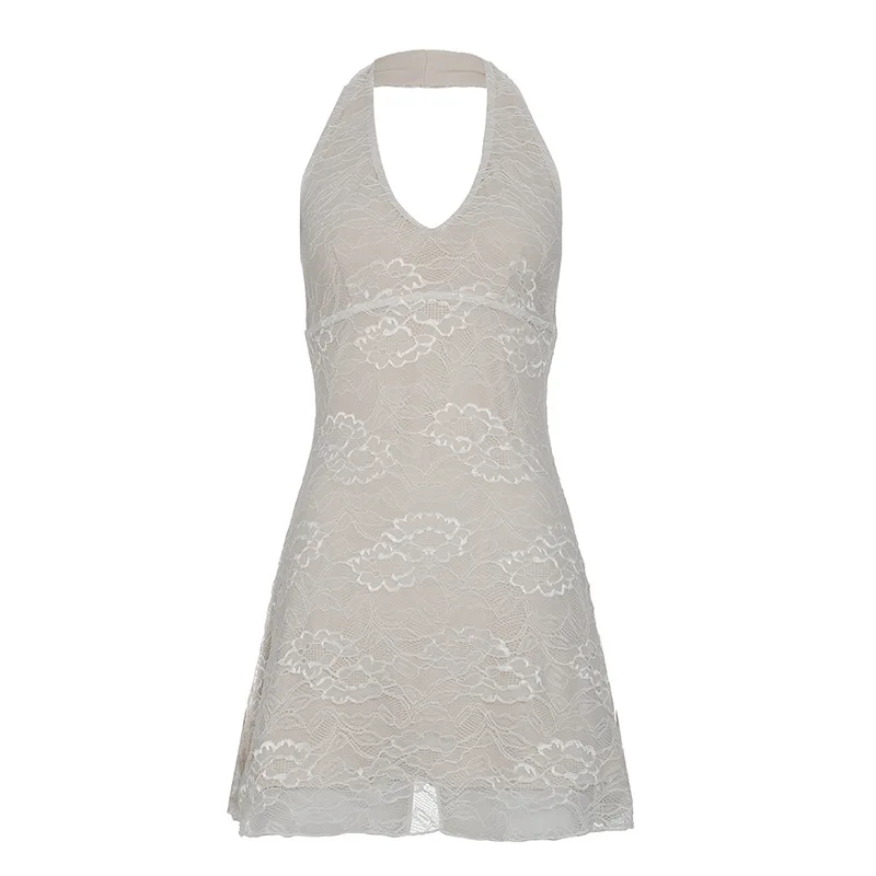 Elegant Sexy Solid Color Lace Trim Bodycon Halter Backless Mini Dress