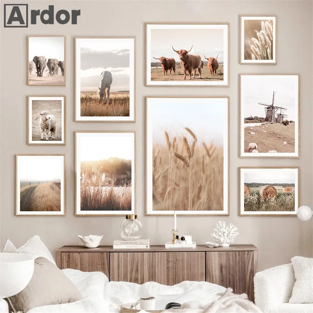 Beige Reed Flower Cow Sheep Horse Landscape Wall Art Canvas Painting Posters And Prints Picture Living Room Home Decor Aesthetic