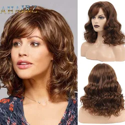 Synthetic Long Brown Wavy Wig with Side bangs Hair Cosplay Heat Resistant Wigs for Women Daily Party Use