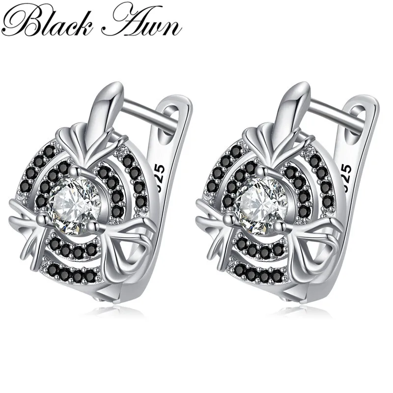 Black Awn 2024 New Hoop Earrings for Women Classic Silver Color Trendy Spinel Engagement Fashion Jewelry I248