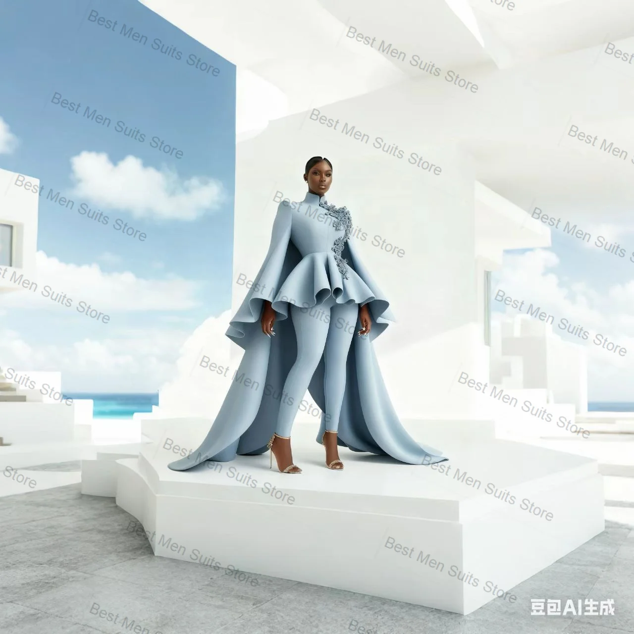 

Light Blue Women Suit Set 2 Pcs Luxury Ruffles Blazer+Pants Trousers Formal Office Jacket Customized Wedding Guest Prom Coat