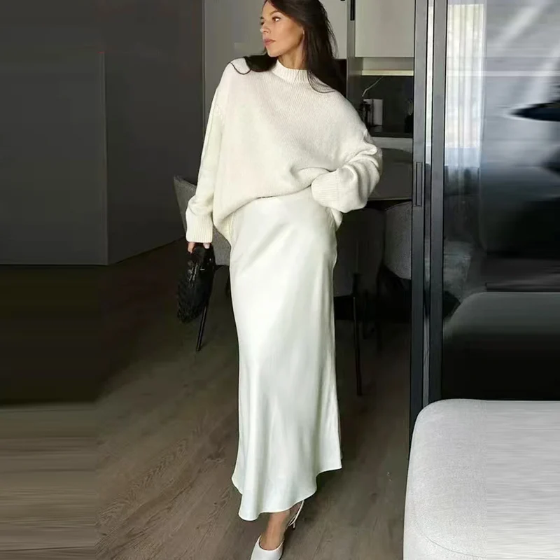 HXAO Eleganter Midi-Satinrock für Damen, Sommer 2026, gepunkteter A-Linien-Rock mit hoher Taille, glatt, in den Farben Schwarz, Weiß, Grün, Khaki. – Detail 11