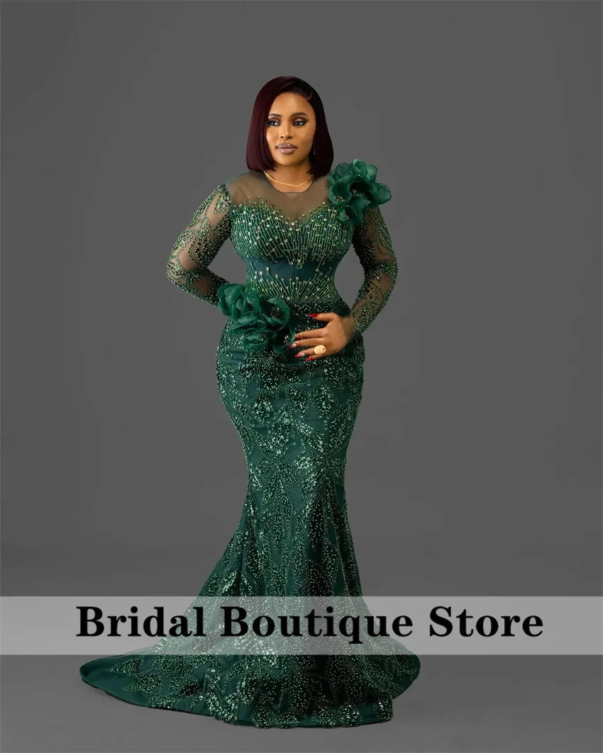 반짝이 짙은 녹색 인어 댄스 파티 드레스 꽃 페르시 이브닝 드레스 공식 파티 두 번째 리셉션 가운 생일 맞춤형