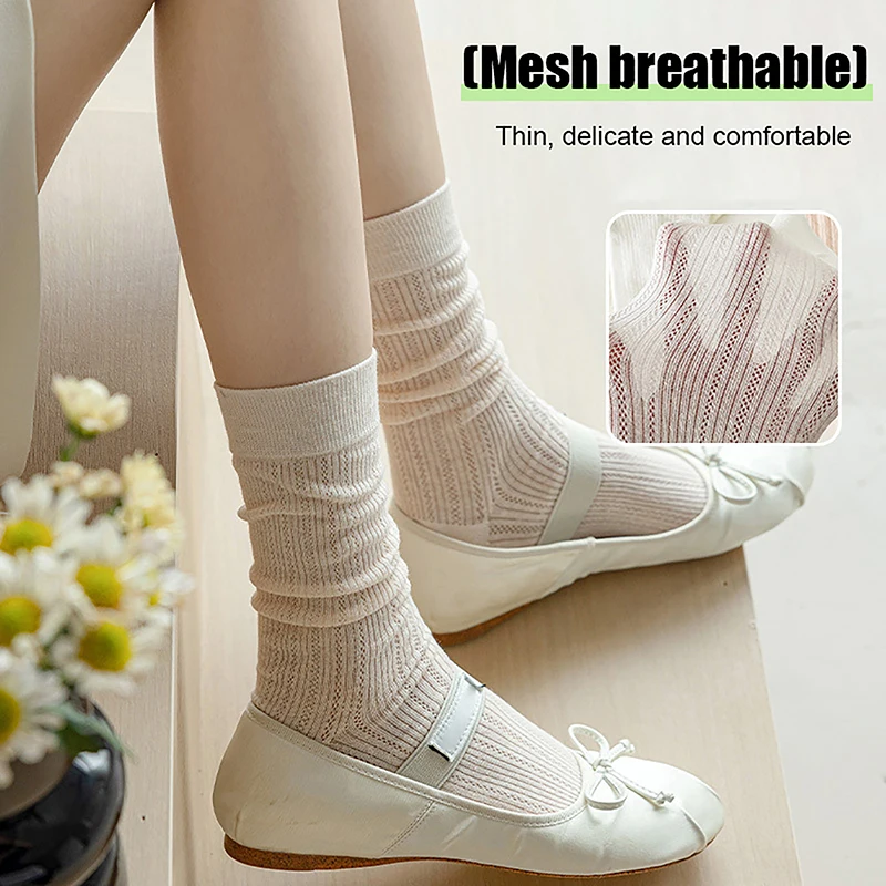 

1Pair Women Thin Hollow Out Long Loose Socks Sweet Girls Japanese Solid Color Breathable Cotton Spring Summer Stocking