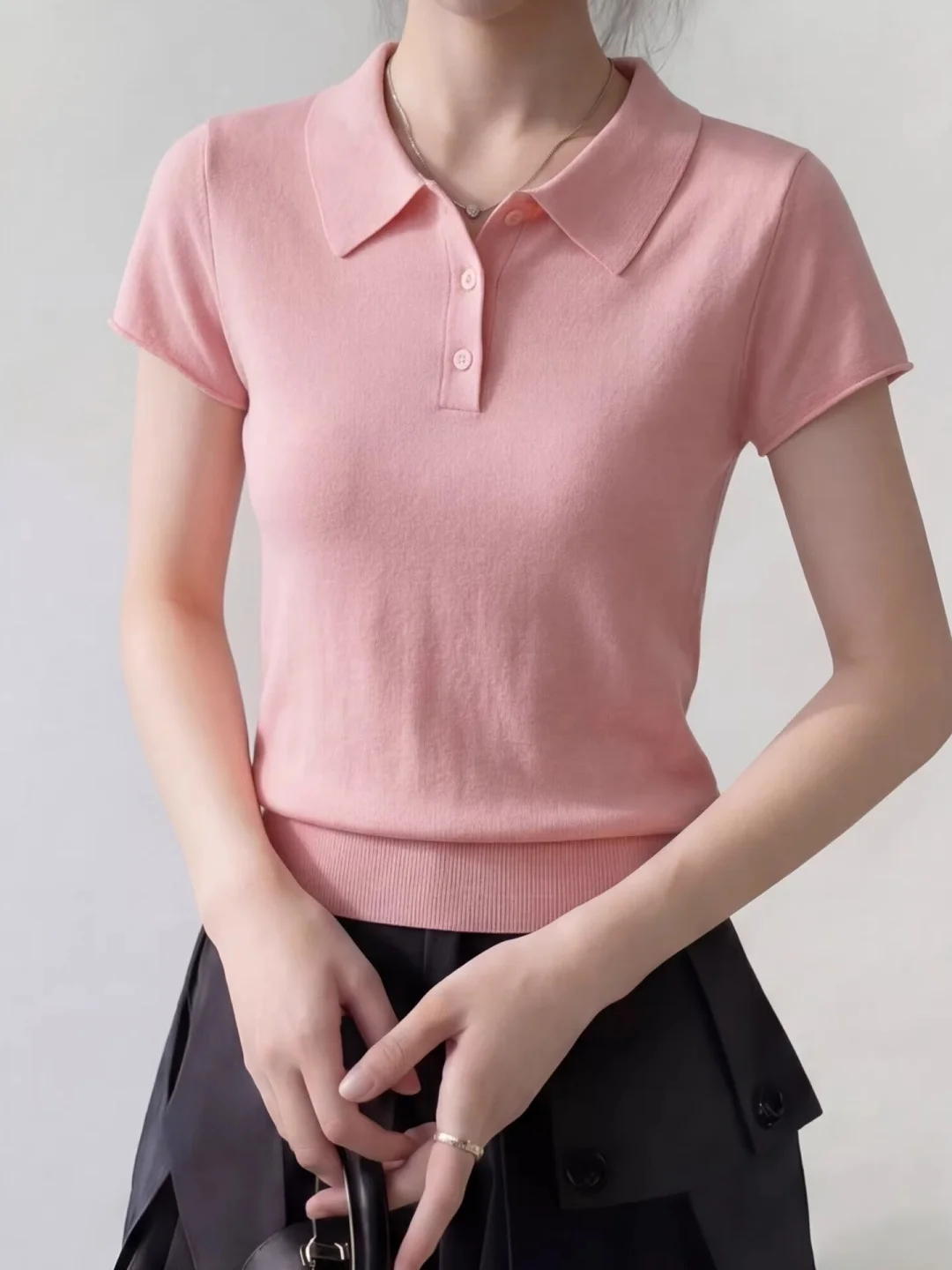 

Elegant Anti-Aging Pink Collar Ice Silk Knitted Short Sleeve T-Shirt Women Summer Small Size Matching Upper Apparel
