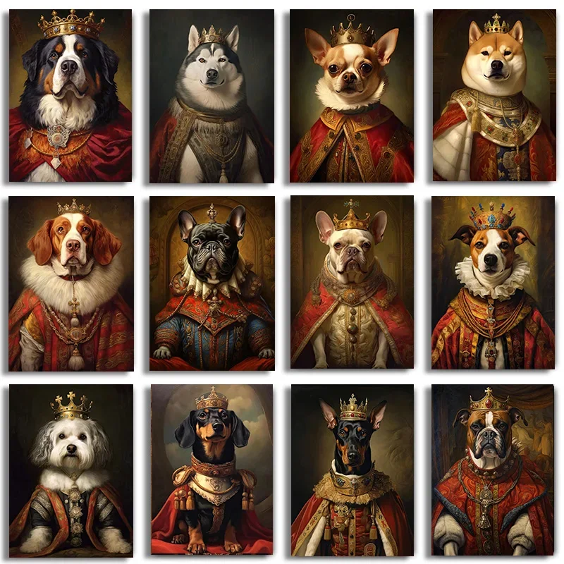 Regal Pet Portraits King Bulldog Corgi Canvas Art Prints for Wall Decor Living Room Home Vintage Decor