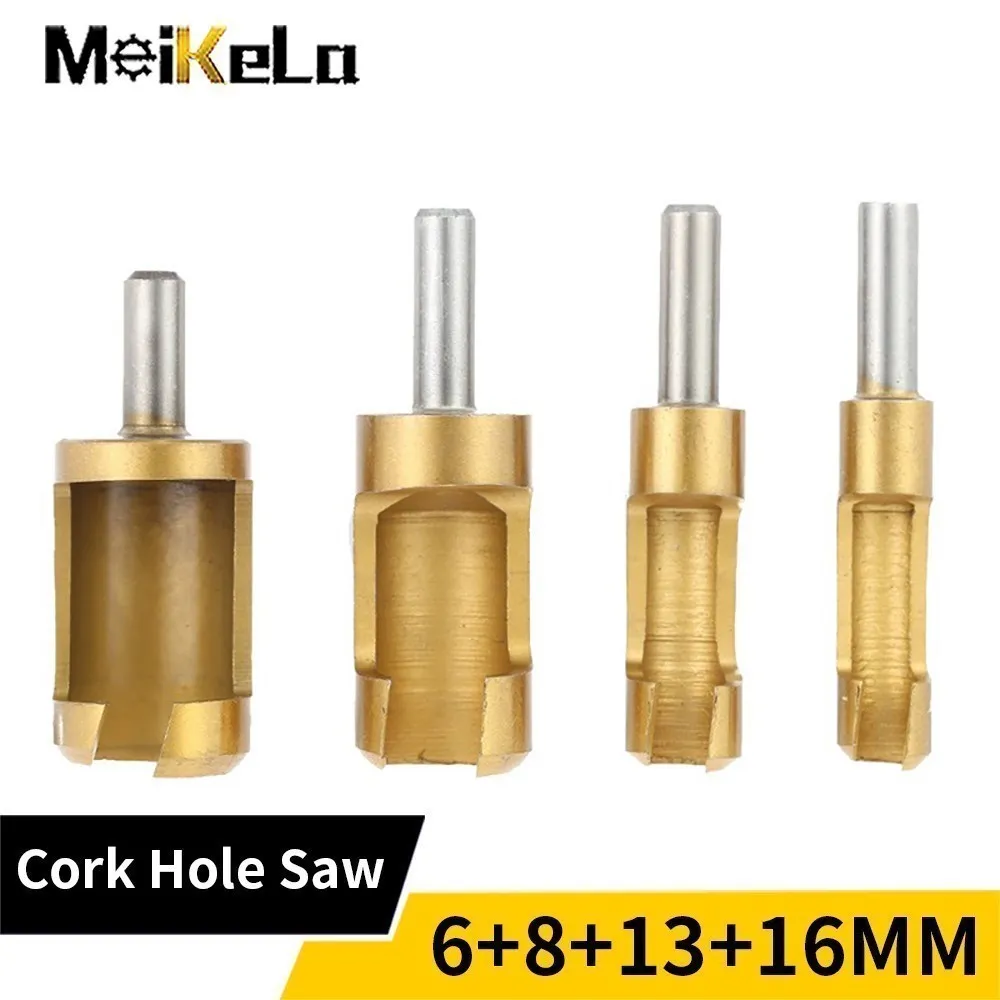 4Pcs/set Titanium Coated Shank Barrel Cork Drill Bit Plug Cutter Bored Hole Tenon Drills Hole Saw Arbors Woodwork Tools