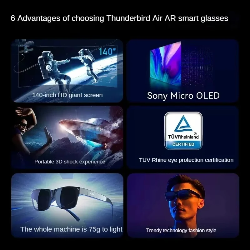 TCL Thunderbird RayNeo Air 1S AR النظارات الذكية سماعة لاسلكية تعمل بالبلوتوث الصوت يدوي المكالمات HD عرض AI مساعد للعمل والسفر
