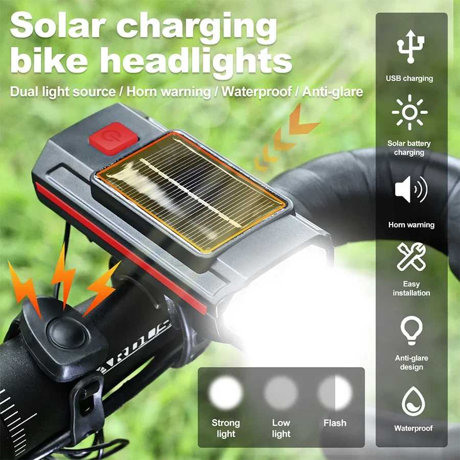 

Solar-powered bike light Road Bike MTB Headlight front lamp with horn flashlight TYPE-C charging port about 2-8 hours 1200 mah