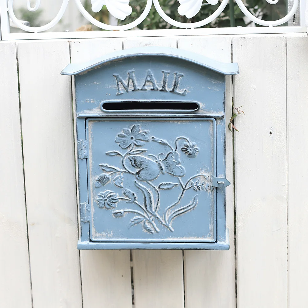 WW blue three-dimensional relief mailbox wrought iron retro garden wall-mounted mailbox courtyard decoration opinions
