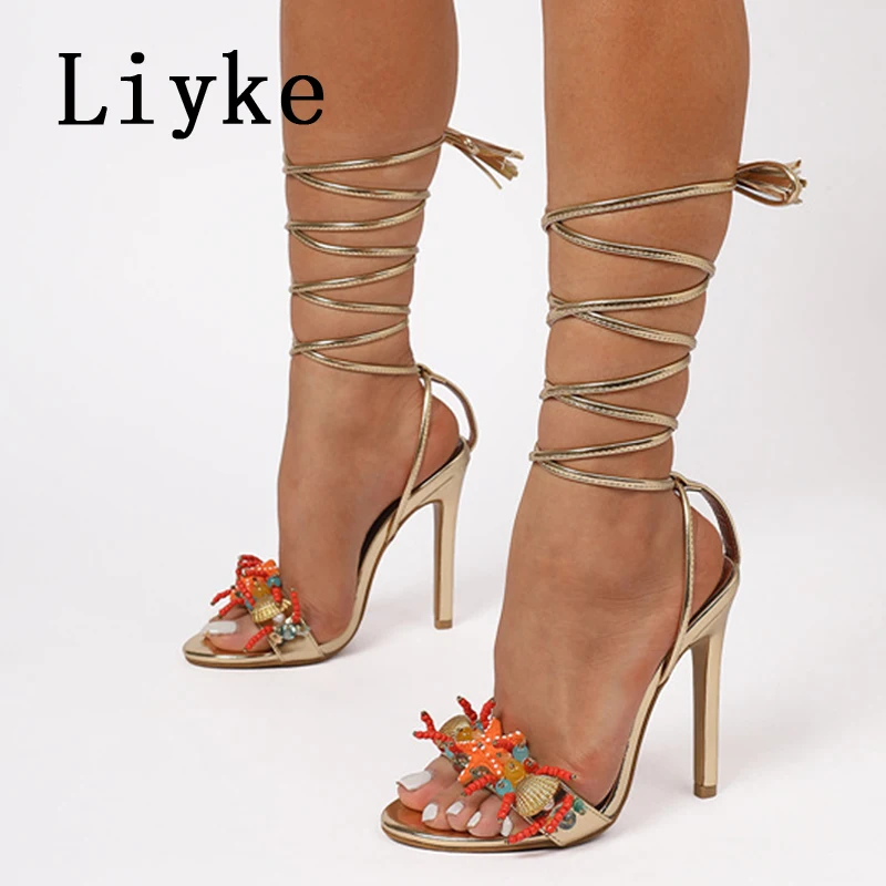 Liyke Sexy Tassels Ankle Cross Strap Sandals Women Fashion Starfish Shells Coral Open Toe Silver High Heels Banquet Party Shoes view 3