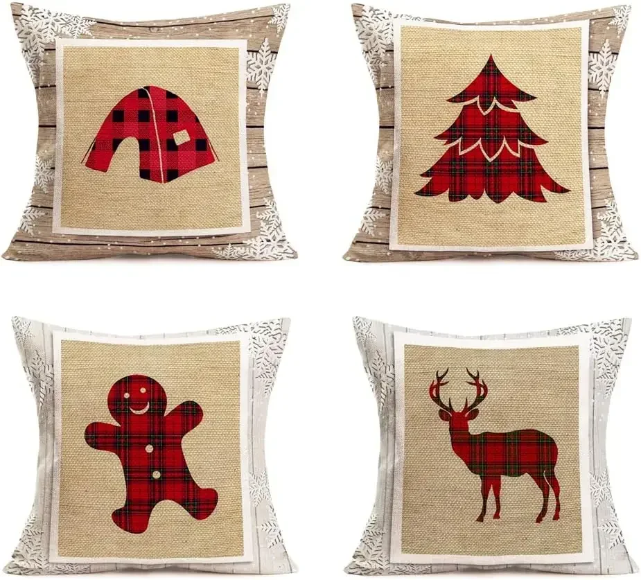 

Christmas Decorative Pillowcase Red Grid Travel Elk Linen Square Pillowcase Home Sofa Cushion Cover 50X50cm