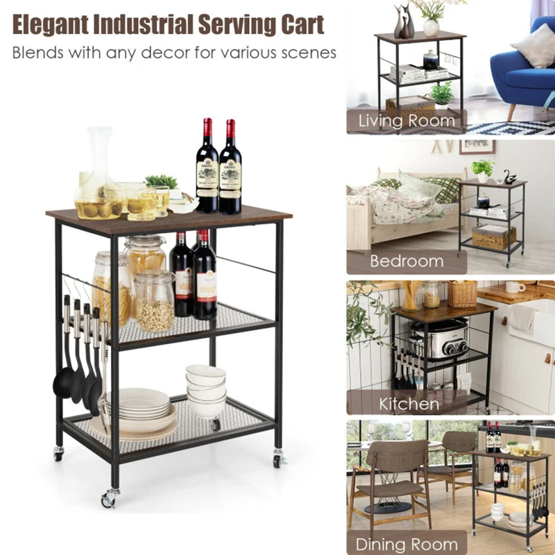 Durable Storage Rack 3-Tier Kitchen Serving Cart Utility Standing Microwave Rack with Hooks Spacious 3-tier Open Shelf Trolleys