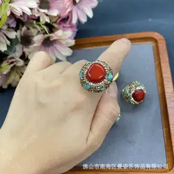 Ethnic style ring red inlaid turquoise ring Internet celebrity the same exquisite fashion ring European and American