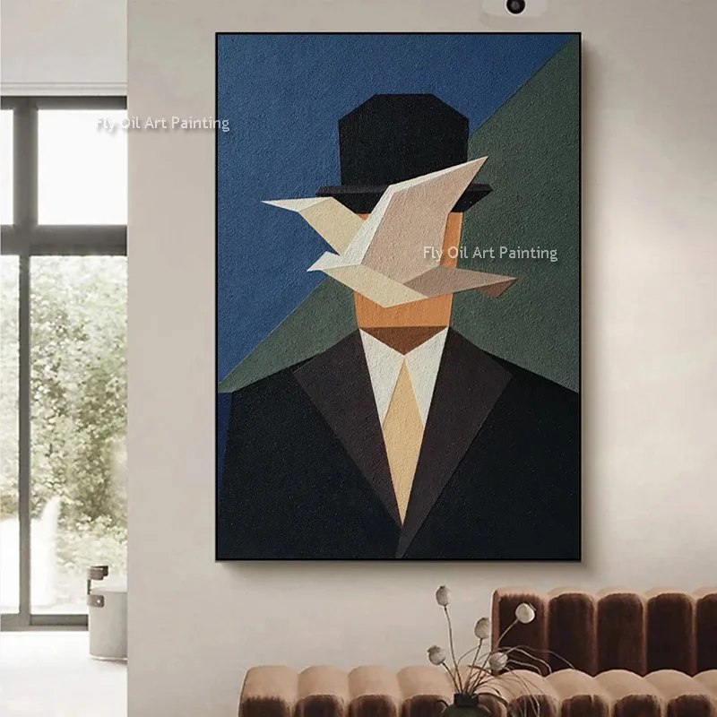 التصميم الأصلي رسمت باليد الأسود Grantleman شهم أبيض قبعة سوداء النفط اللوحة مجردة الأخضر الأزرق الأبيض الطيور قماش الفن