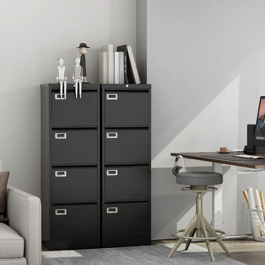 Home Office 4-Drawer Vertical Filing Cabinet, Metal, Black, Anti-Tip Design with Lock for Letter/Legal/A4/F4 Files