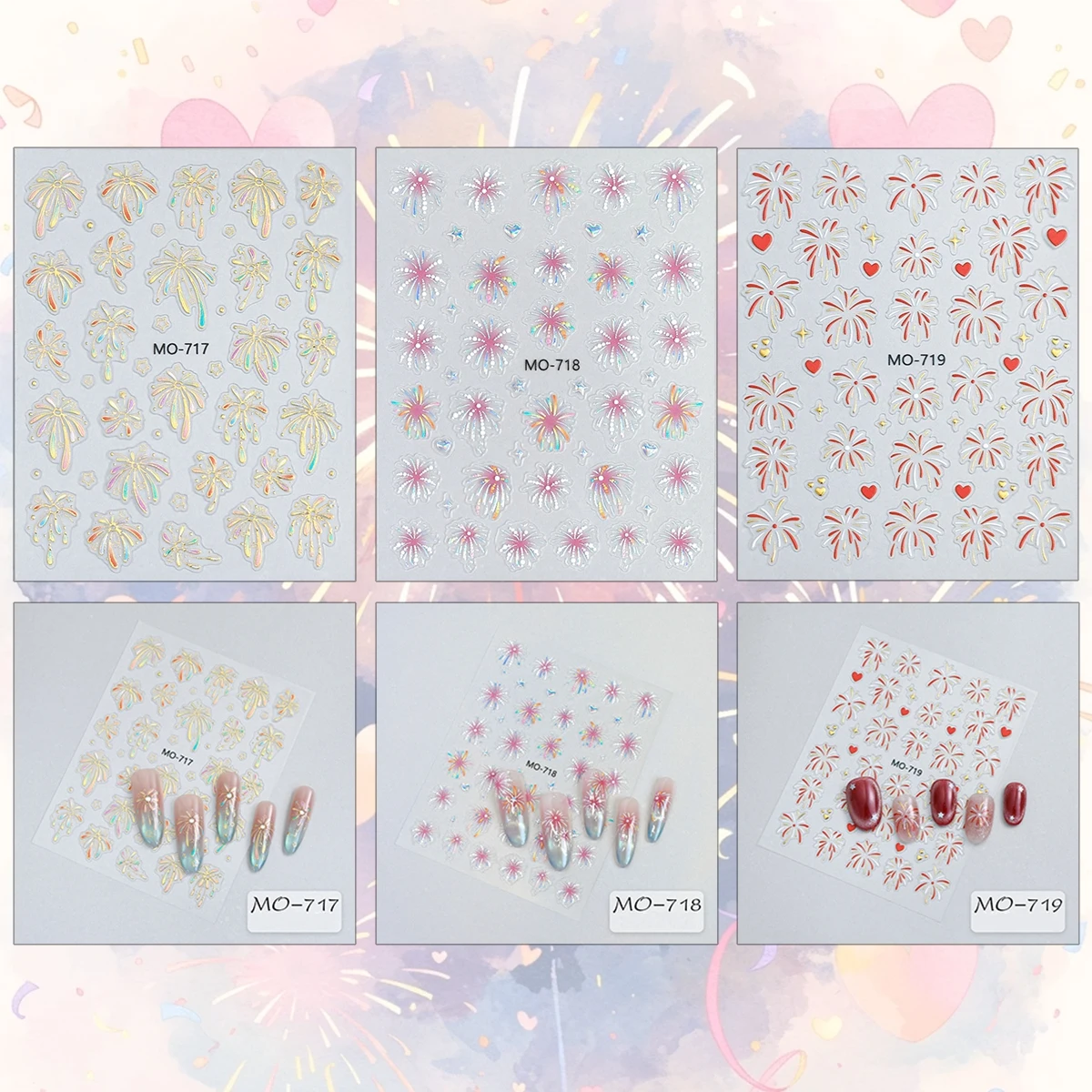3/6 hojas de pegatinas 5D para decoración de uñas de fuegos artificiales, calcomanías autoadhesivas con patrón de explosión iridiscente para decoración de manicura DIY
