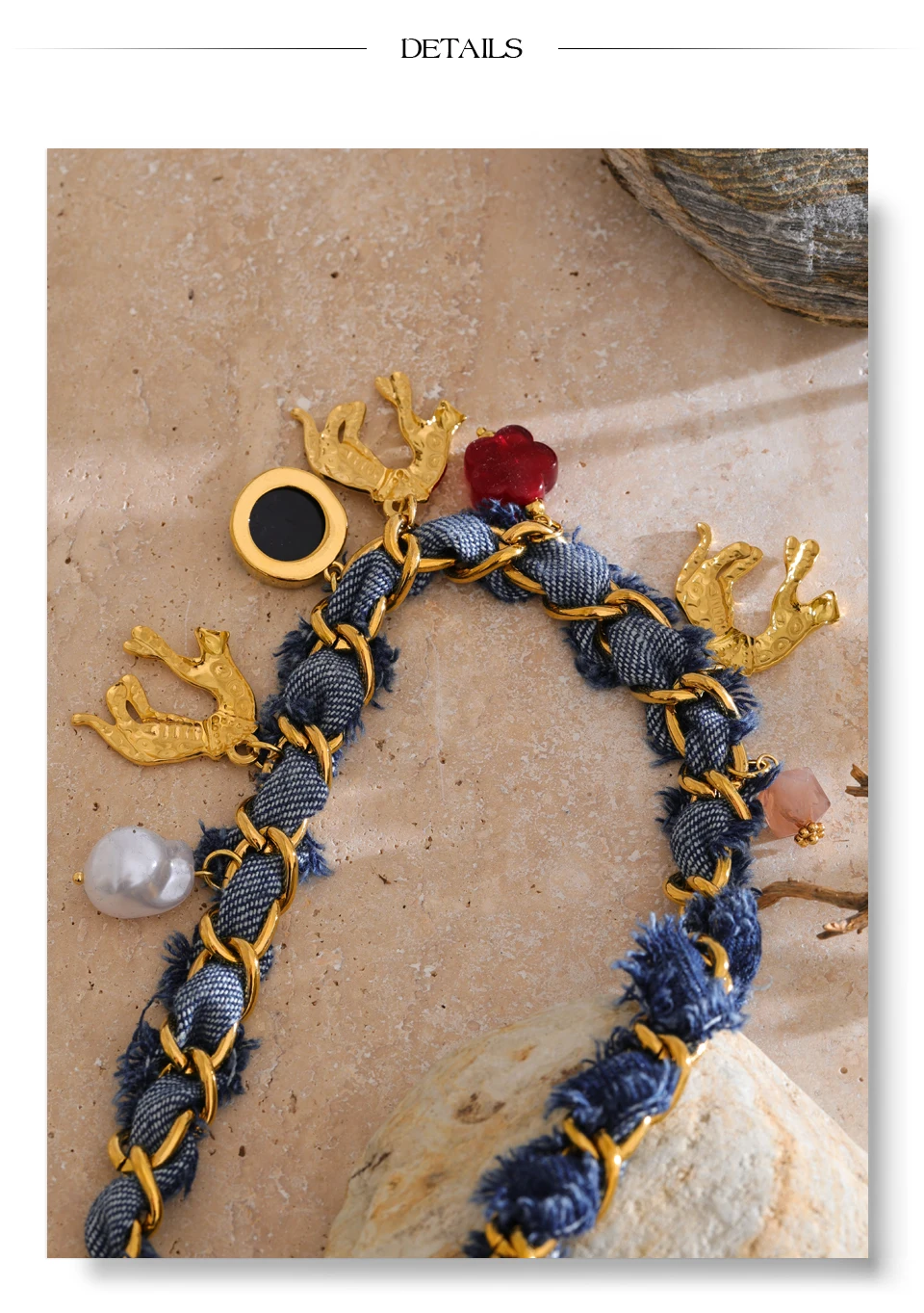 Yhpup Statement Blue Denim Kette Perle Acryl Blume Tropfen Charm Halskette Edelstahl Vintage Herbst & Winter Kragen Schmuck – Detail 12