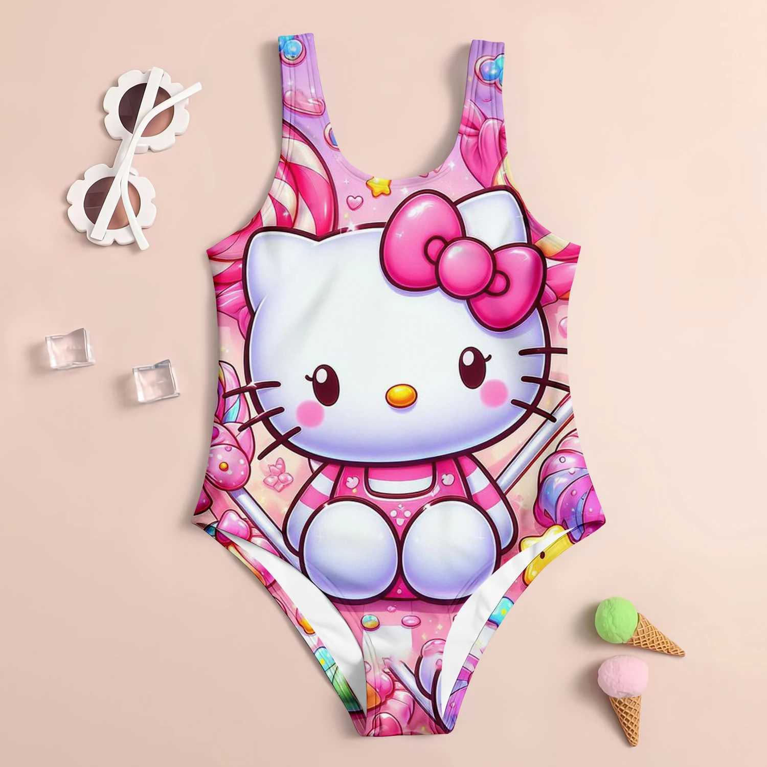 MINISO Summer Girls Swimsuit Children\'s Swimsuit 3D Printed Hello Kitty Cartoon Fashion Beach Skirt Holiday Children\'s Clothing