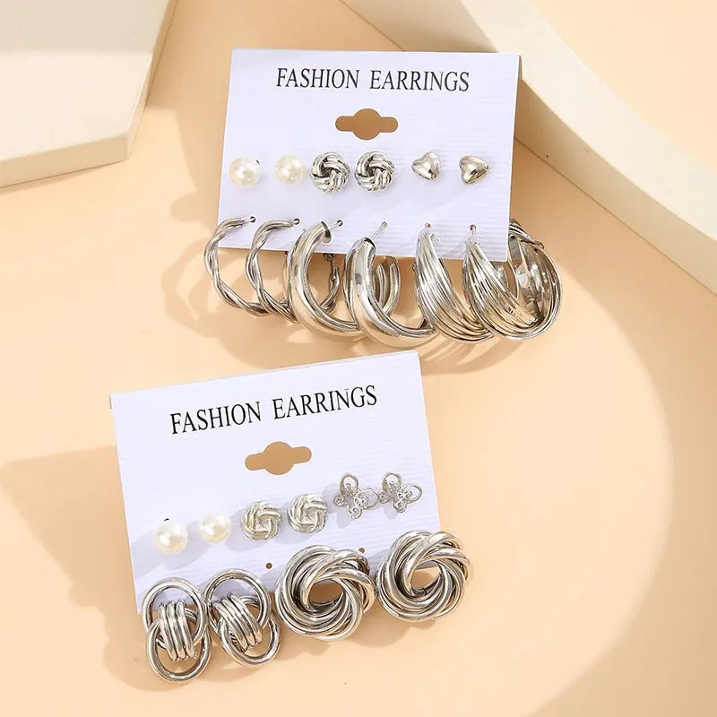 11 Pairs A Set Fashion Zinc Alloy Faux Pearl Rotation Geometry Decorative Earrings Womens Daily Decoration