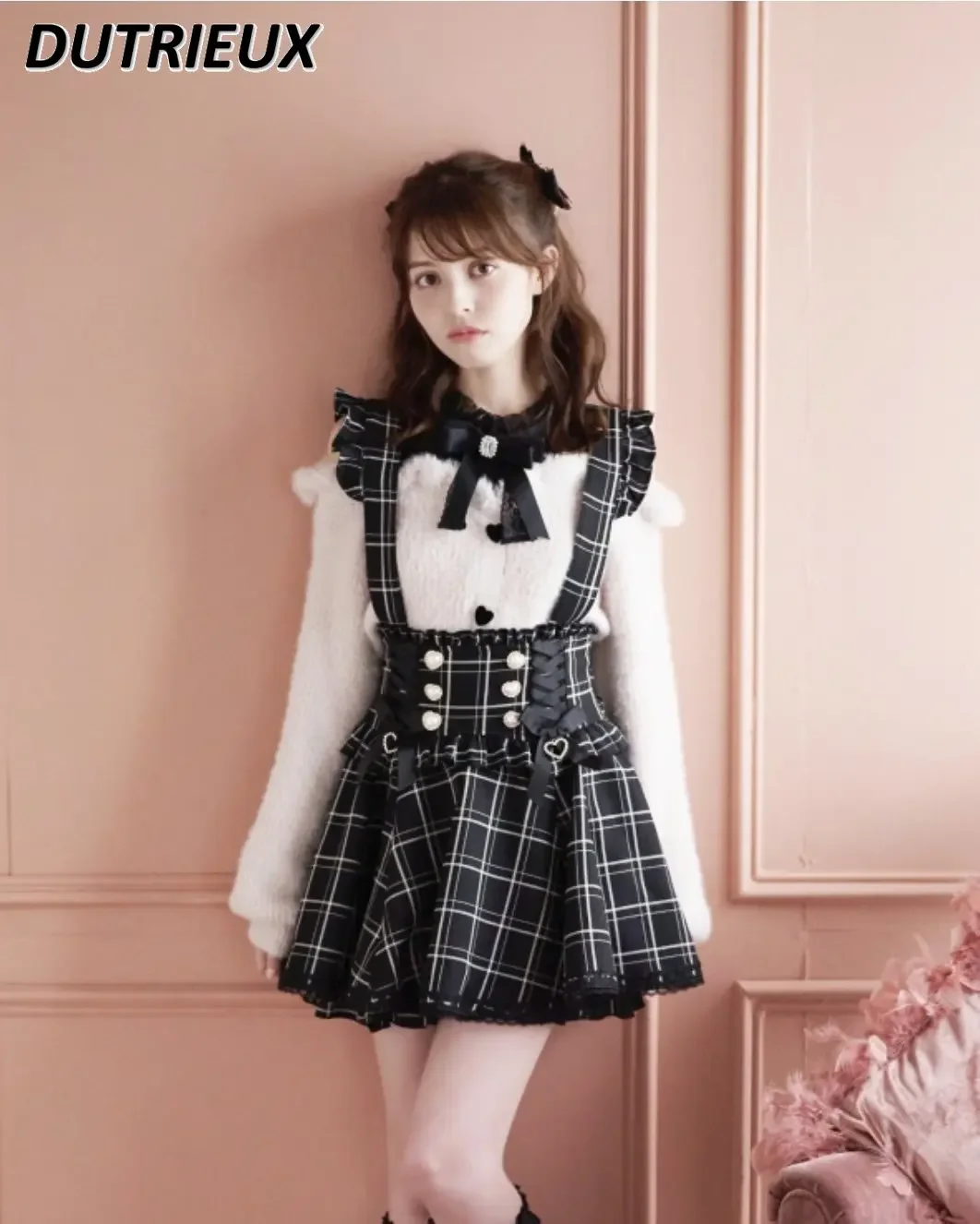 Ribbon Bow Diamond Short Skirt Pearl Buckle Suspender Skirt Women Girls Sweet Cute Rojita Japanese Style A-line Mini Skirt