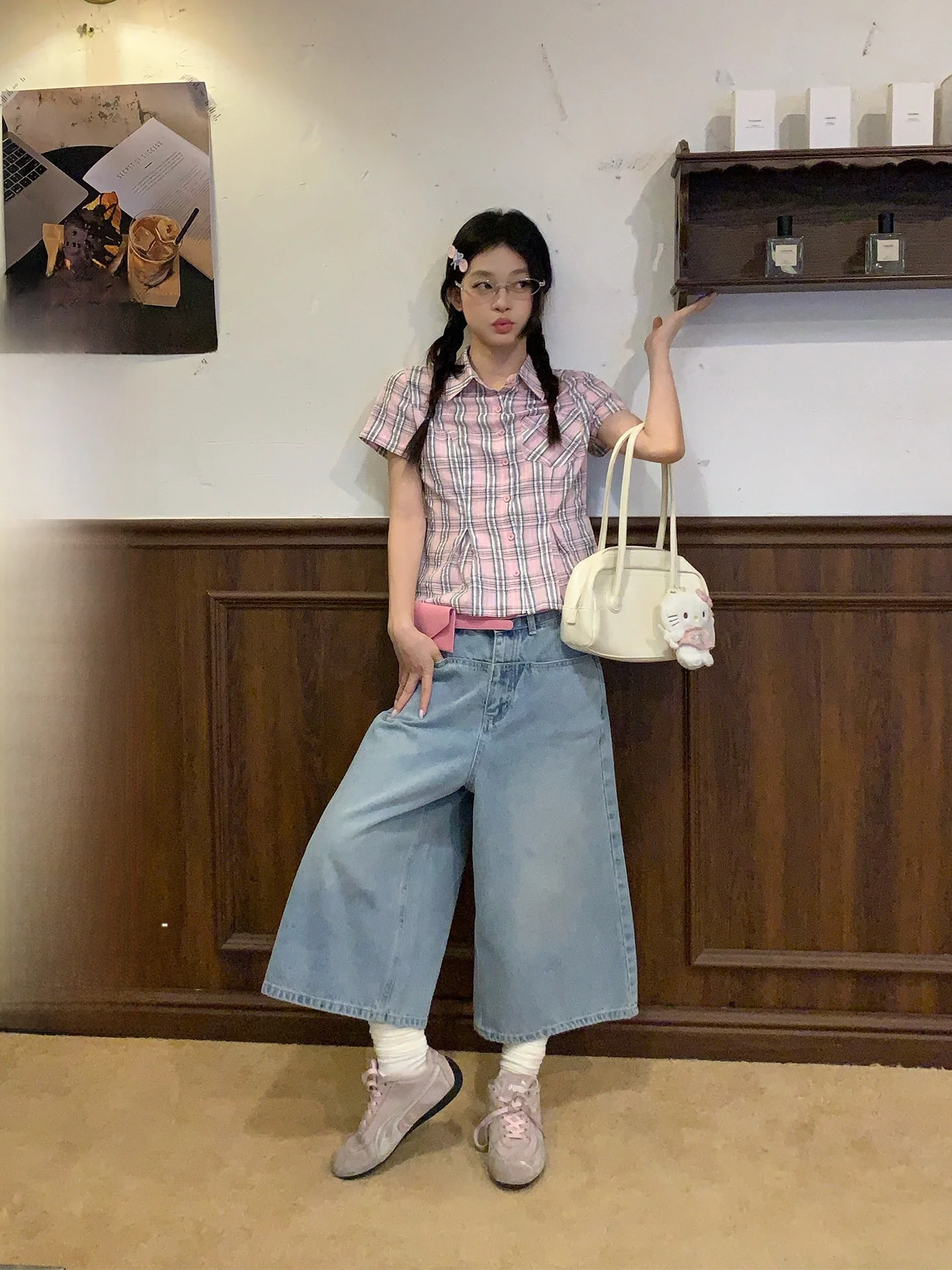 

Blue High Waist Loose Casual Wide Leg Jeans Women's Summer Korean Style Seven-Five Denim Pants Szezhen Song High Waist