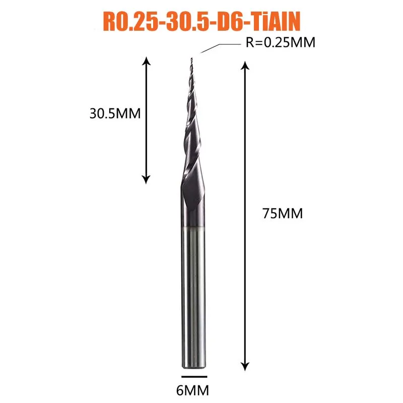 Professionele taps toelopende kogelkopfrees CNC-gereedschap Carbide frees voor hout/aluminium/Cu (2 snijkanten, TiAlN-coating)
